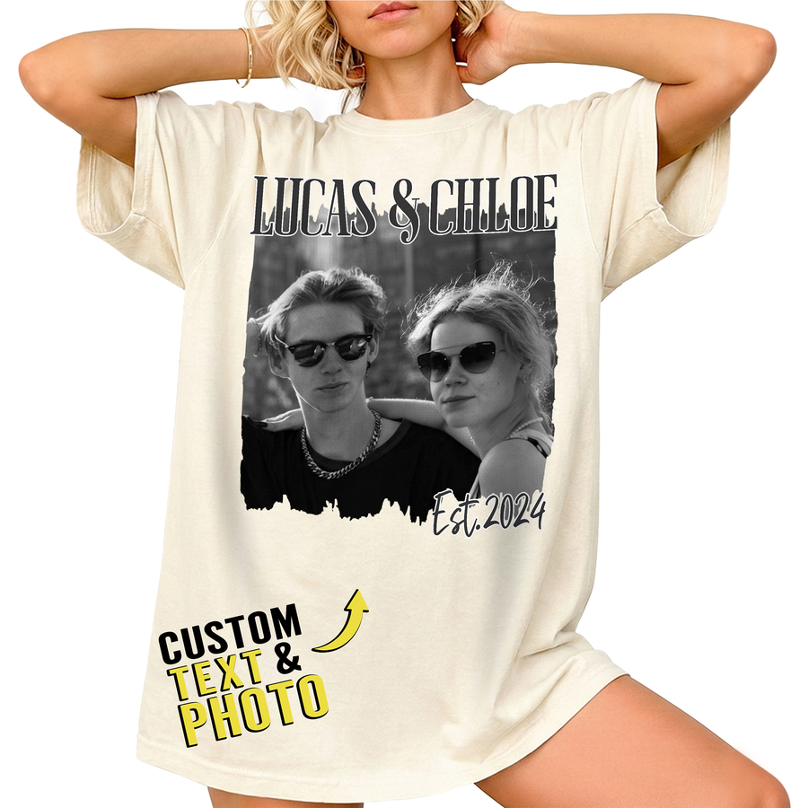 Custom Photo Couple Shirt with Names, Est. Year & Torn Edge - Personalized Photo Shirt