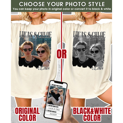 Custom Photo Couple Shirt with Names, Est. Year & Torn Edge - Personalized Photo Shirt