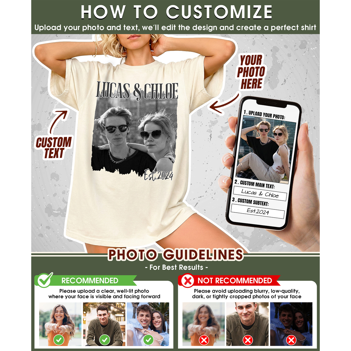 Custom Photo Couple Shirt with Names, Est. Year & Torn Edge - Personalized Photo Shirt