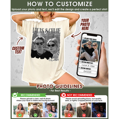 Custom Photo Couple Shirt with Names, Est. Year & Torn Edge - Personalized Photo Shirt