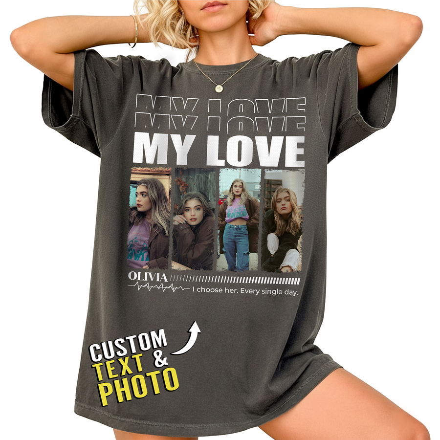 Custom Photo Couple Shirt with My Love, 4 Photo Strip & Name - Personalized Photo Shirt