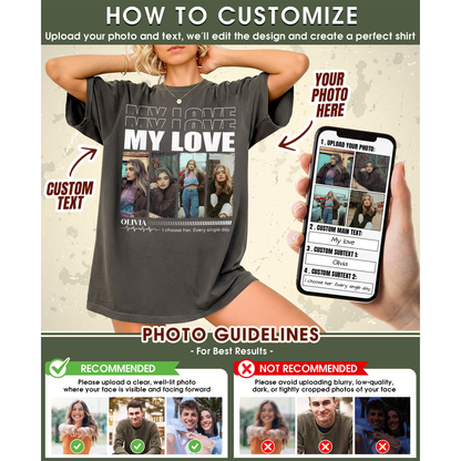 Custom Photo Couple Shirt with My Love, 4 Photo Strip & Name - Personalized Photo Shirt