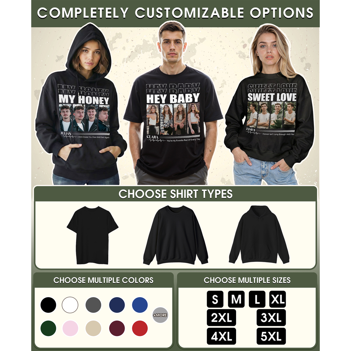 Custom Photo Couple Shirt with My Love, 4 Photo Strip & Name - Personalized Photo Shirt