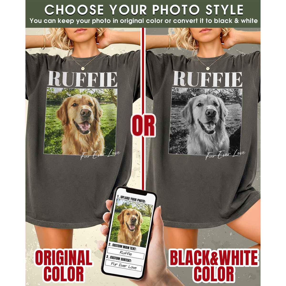 Custom Photo Dog Shirt with Retro Portrait and Pet Name - Personalized Photo Shirt