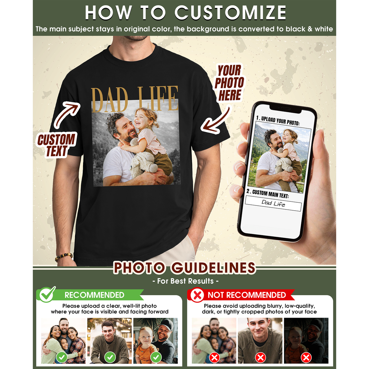 Custom Photo Dad Shirt with Dad Life & Name - Personalized Dad Shirt
