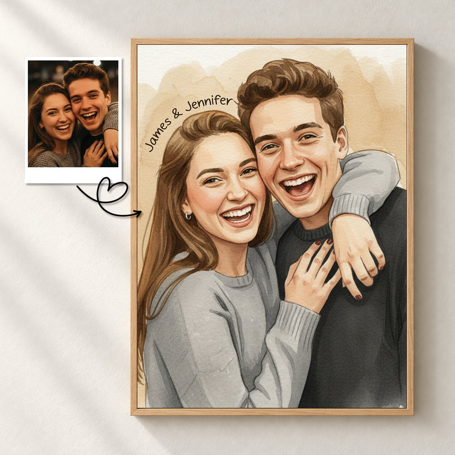 Custom Photo Couple Watercolor Sketch Portrait with Names Canvas - Personalized Wall Art