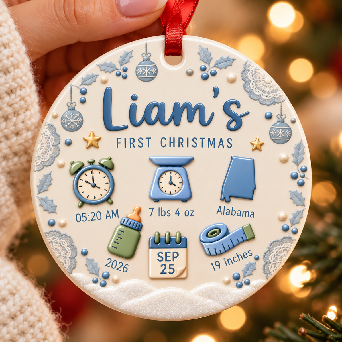 Baby First Christmas - Personalized First Christmas Ornament for Newborn, Birth Stats Keepsake - Circle Ceramic Ornament