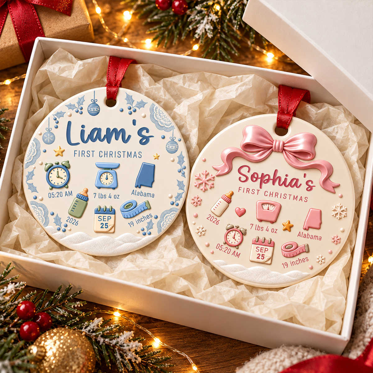 Baby First Christmas - Personalized First Christmas Ornament for Newborn, Birth Stats Keepsake - Circle Ceramic Ornament