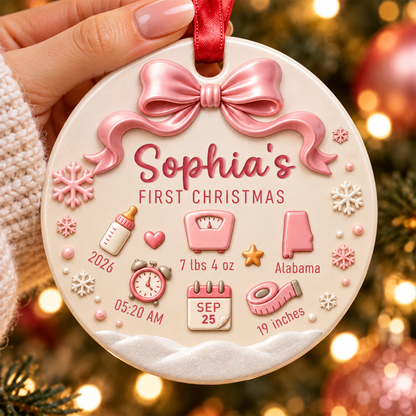 Baby First Christmas - Personalized First Christmas Ornament for Newborn, Birth Stats Keepsake - Circle Ceramic Ornament