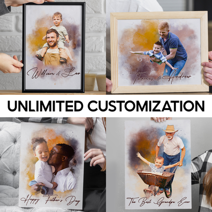 Custom Photo Watercolor Portrait Dad and Daughter Best Dad Ever Canvas - Personalized Wall Art