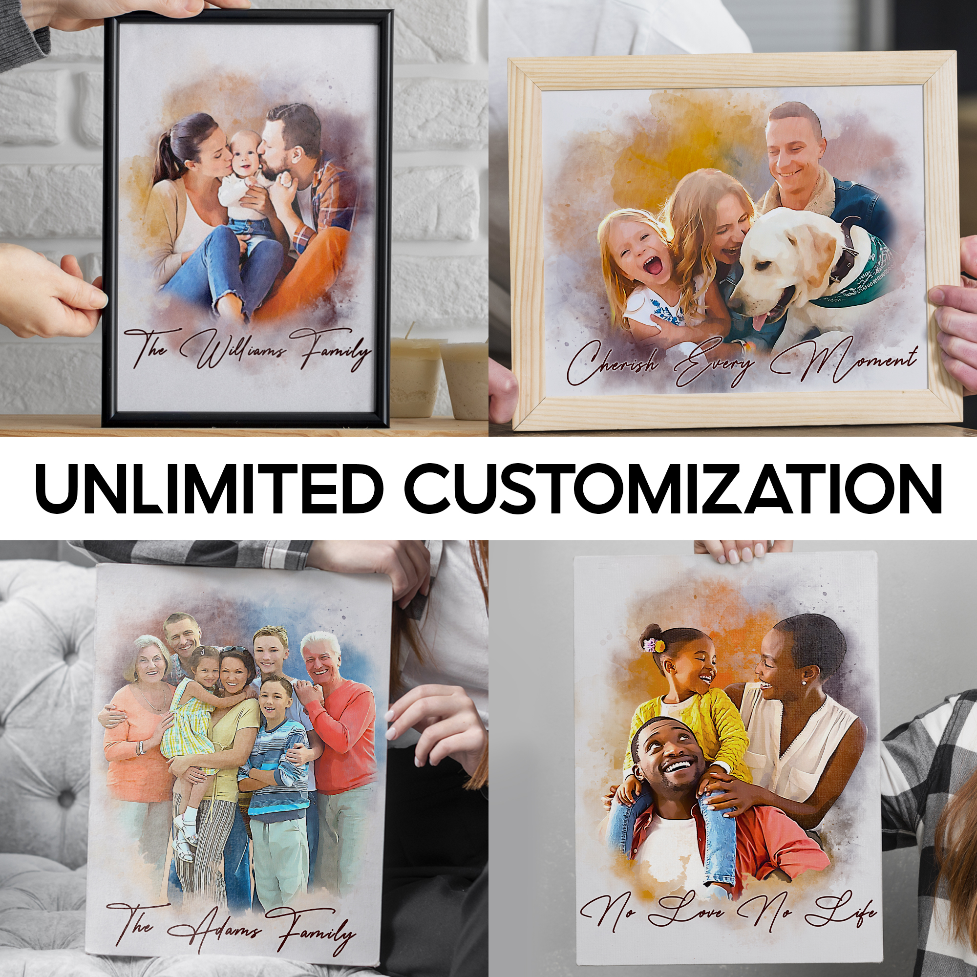 Personalized Watercolor Family Portrait Canvas Wall Art, Custom Gift for Parents on Mother's Father's Day
