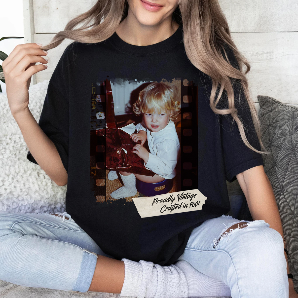 Custom Vintage Photo Couple Shirt with Film Strip & Name Tag - Personalized Photo Shirt
