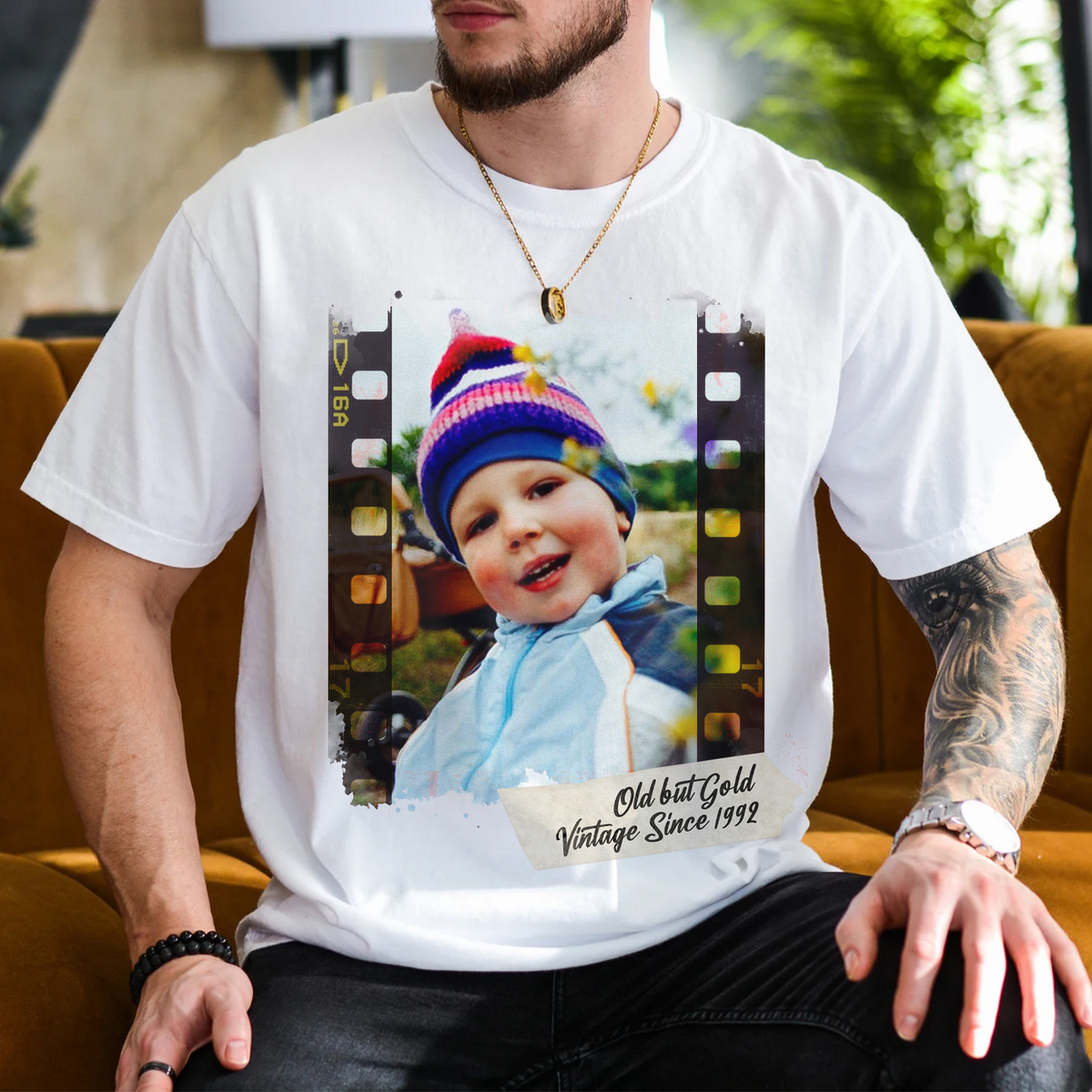 Custom Vintage Photo Couple Shirt with Film Strip & Name Tag - Personalized Photo Shirt