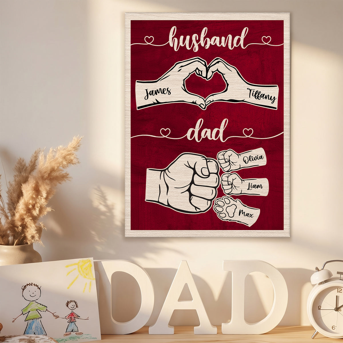 Personalized Fist Bump Husband Wall Art - Custom Kid's Name Canvas - Dog Dad, Cat Dad Father's Day Gift
