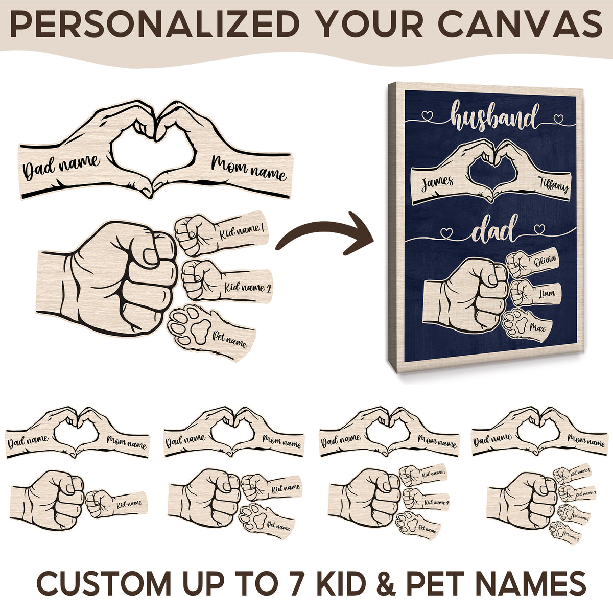 Personalized Fist Bump Husband Wall Art - Custom Kid's Name Canvas - Dog Dad, Cat Dad Father's Day Gift