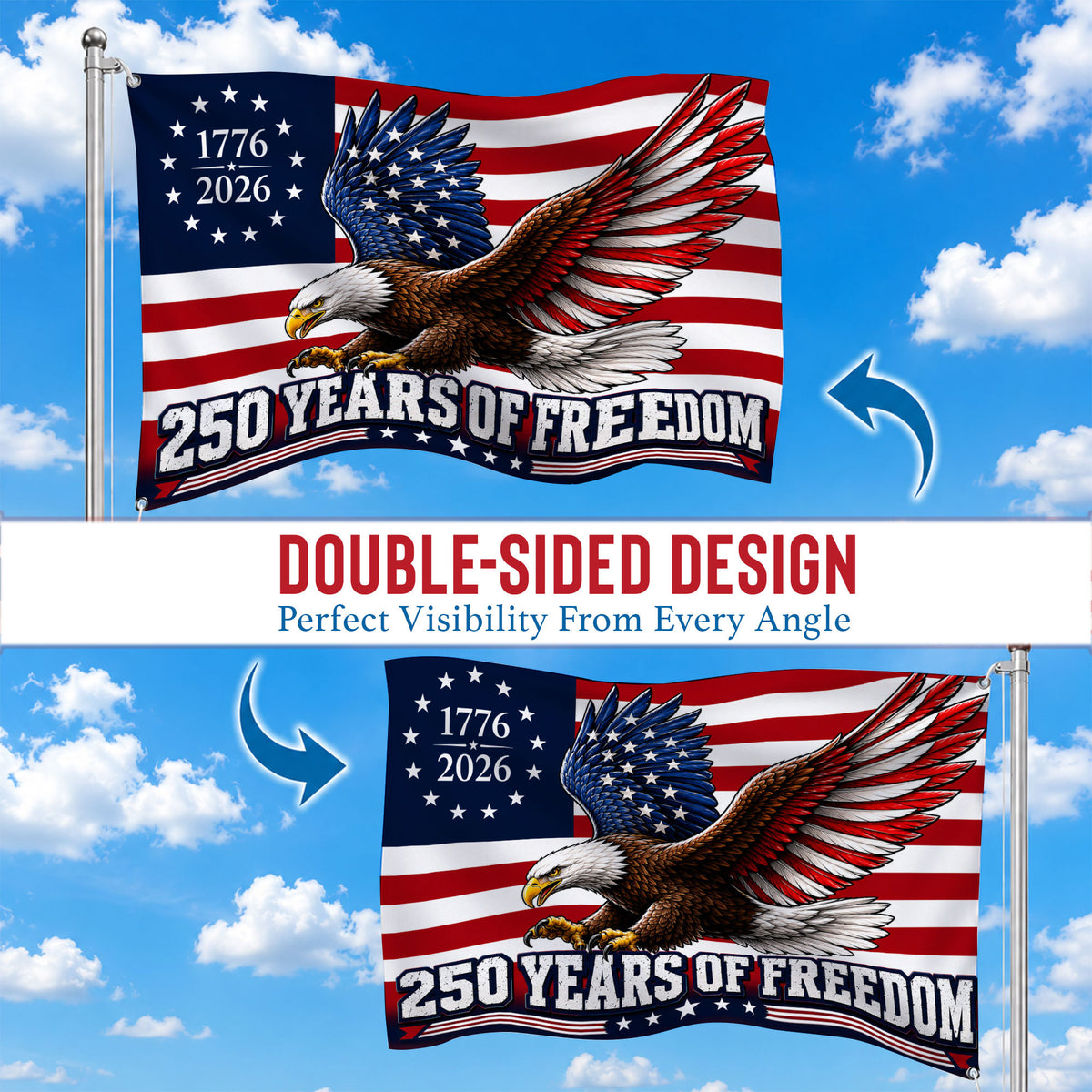 250 Years Freedom USA Premium Flag - 1776 2026 Eagle Betsy Ross Grommet Flag - 4th of July Decorations Double Sided