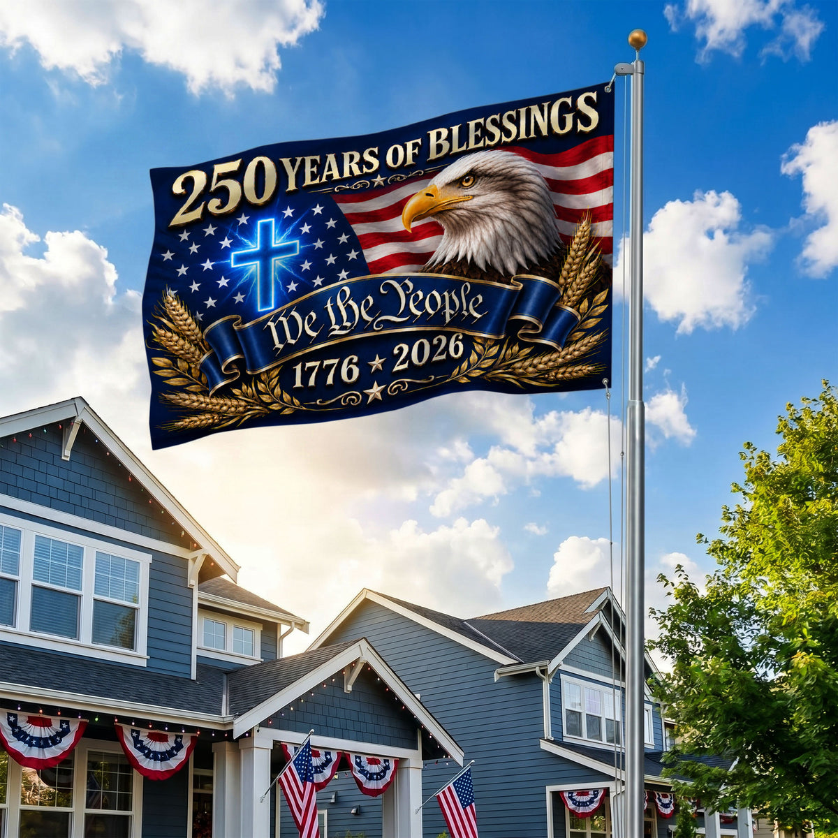 250 Years of Blessing God 1776 2026 Flag - Premium Patriotic Eagle Grommet Flag - 4th of July Decorations Double Sided