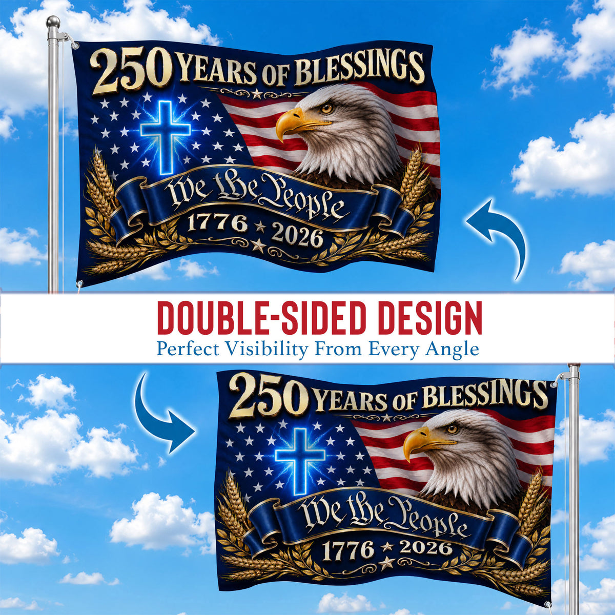 250 Years of Blessing God 1776 2026 Flag - Premium Patriotic Eagle Grommet Flag - 4th of July Decorations Double Sided