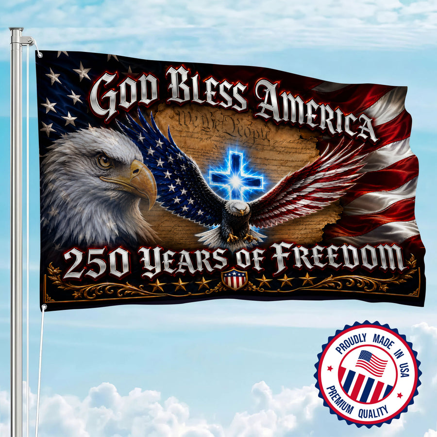 America 250th God Bless America Eagle Cross House Flag - Patriotic Outdoor Decor