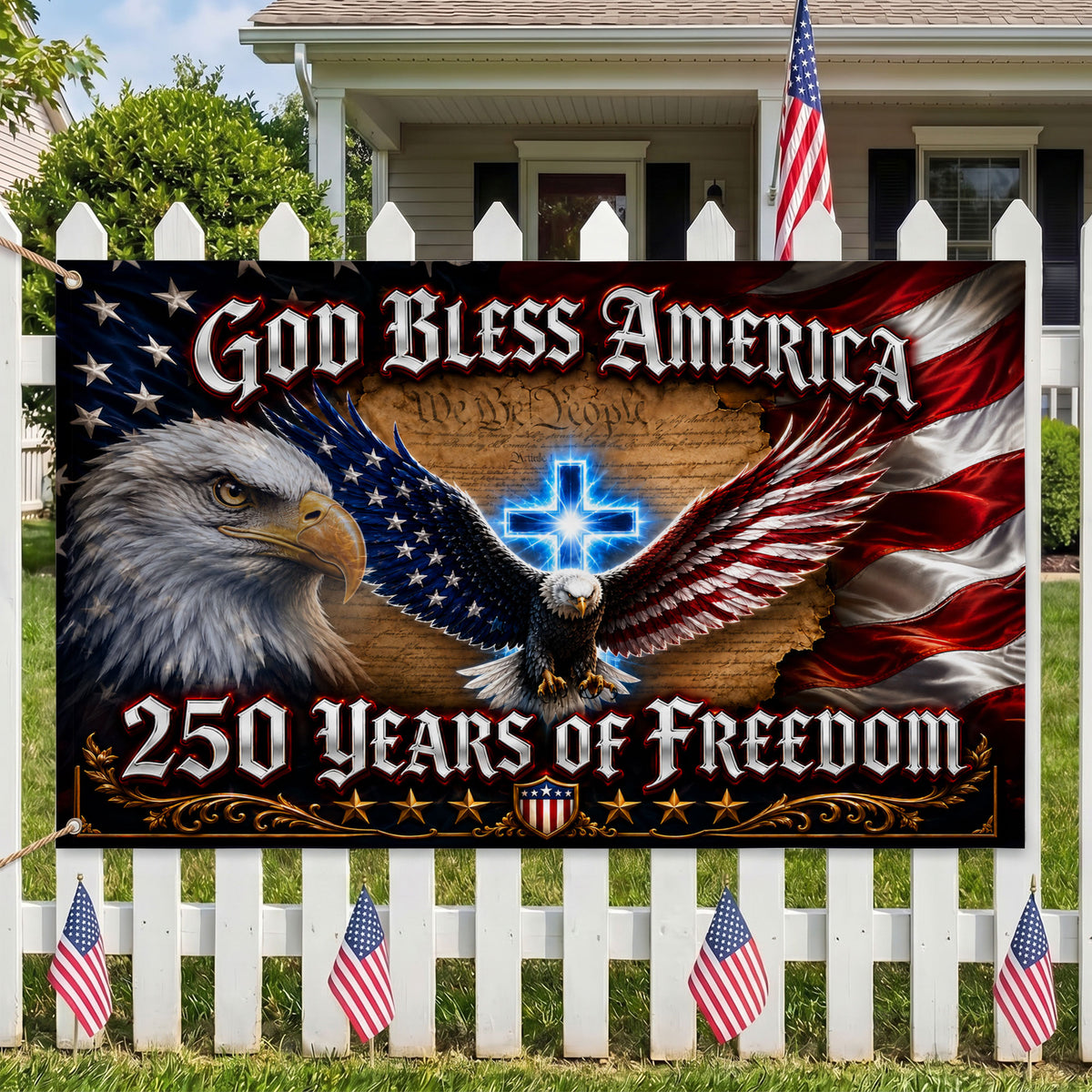 250 Years of Freedom Grommet Flag God Bless America Flag - Premium Patriotic Grommet Flag - 4th of July Decorations Double Sided
