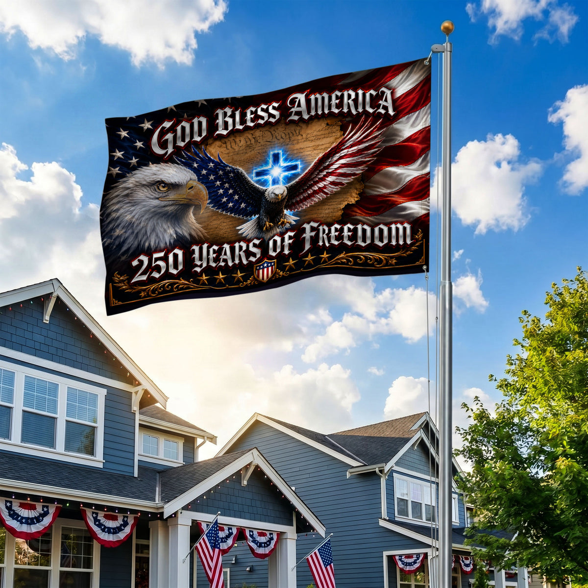 250 Years of Freedom Grommet Flag God Bless America Flag - Premium Patriotic Grommet Flag - 4th of July Decorations Double Sided