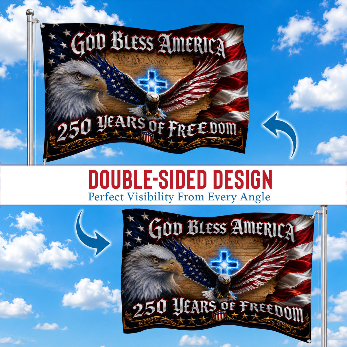 250 Years of Freedom Grommet Flag God Bless America Flag - Premium Patriotic Grommet Flag - 4th of July Decorations Double Sided