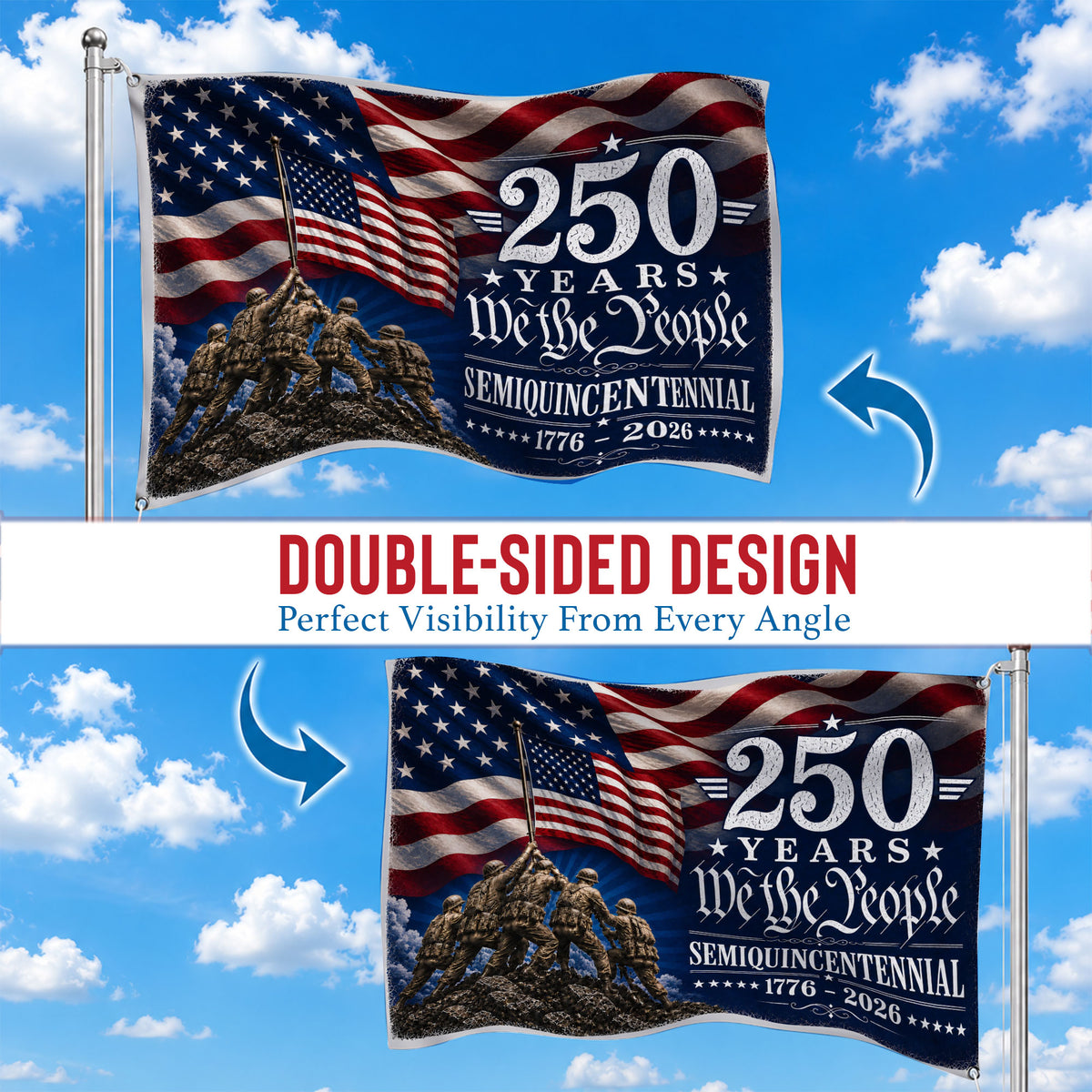We The People Semiquincentennial Military 250 Years  -  Premium Patriotic Grommet Flag - 4th of July Decorations Double Sided