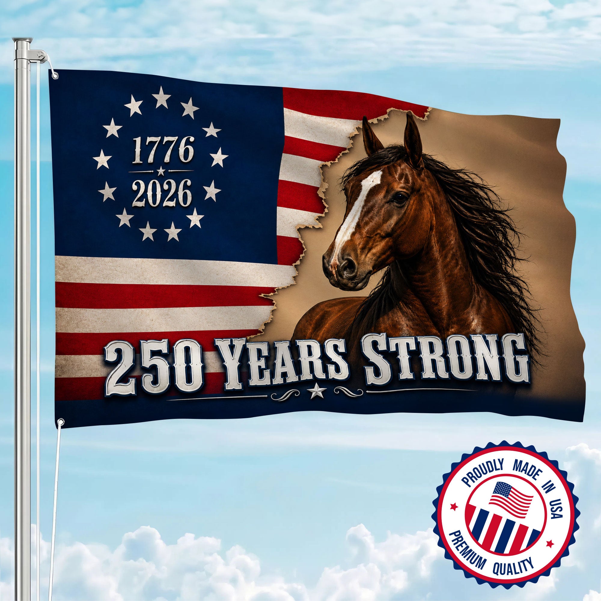 American 250 Years Anniversary Horse Premium Flag - 1776 2026 Patriotic Grommet Flag - 4th of July Decorations Double Sided