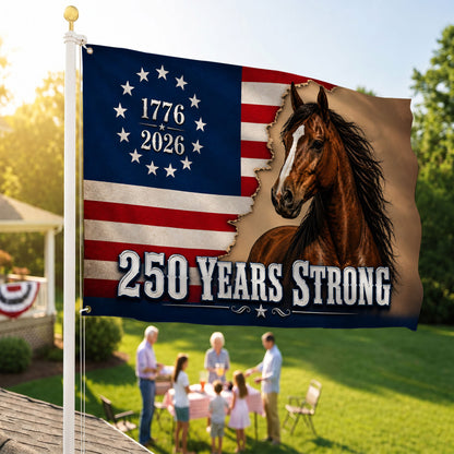 America 250th Horse 250 Years Strong House Flag - Patriotic Outdoor Decor