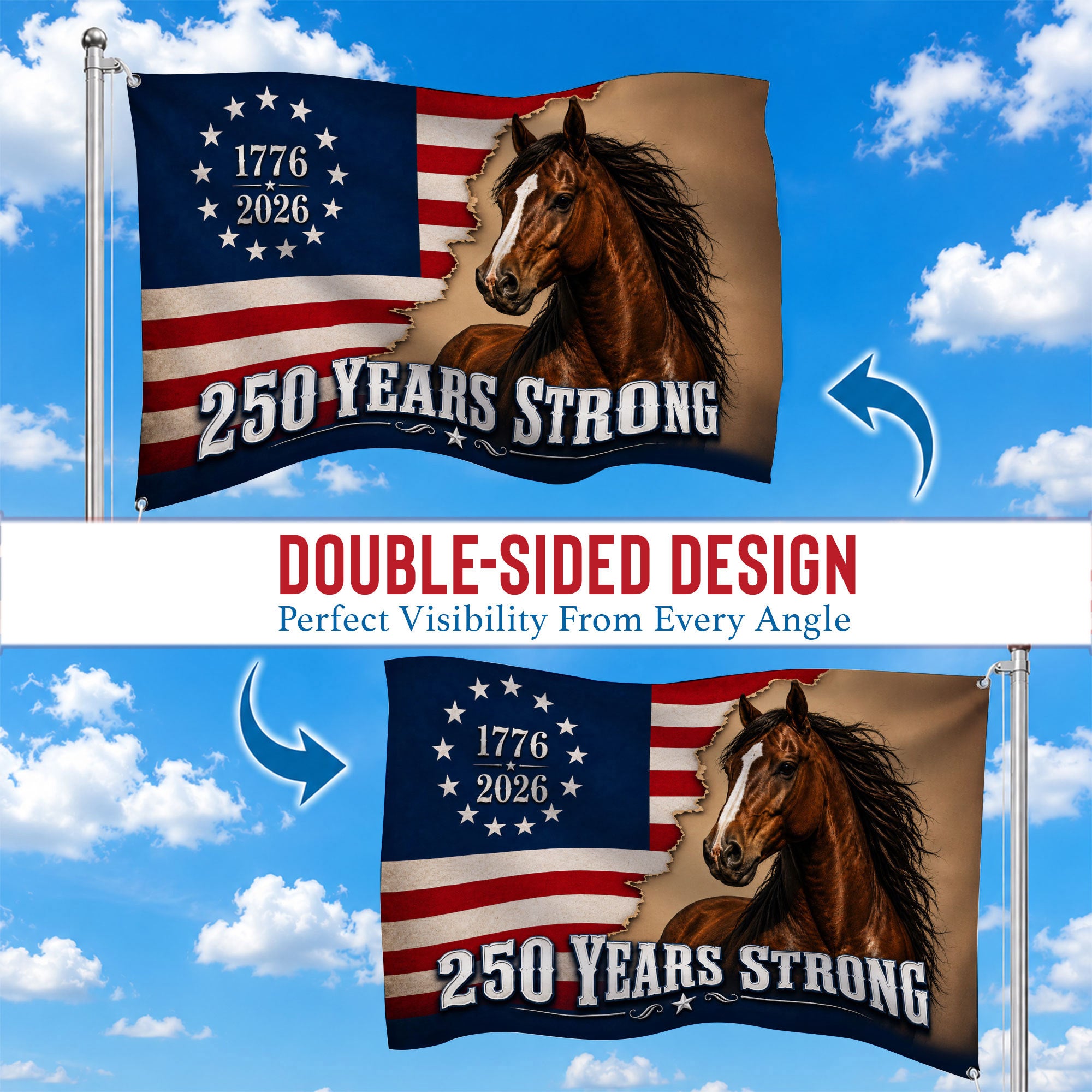 American 250 Years Anniversary Horse Premium Flag - 1776 2026 Patriotic Grommet Flag - 4th of July Decorations Double Sided