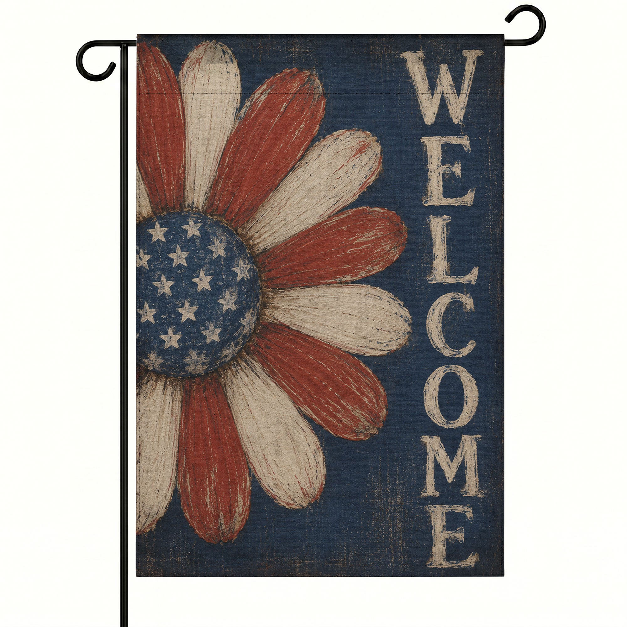 Floral Welcome Daisy Flag - Patriotic 4th of July Garden Flag - Yard Sign for Outdoor Independence Day Decorations