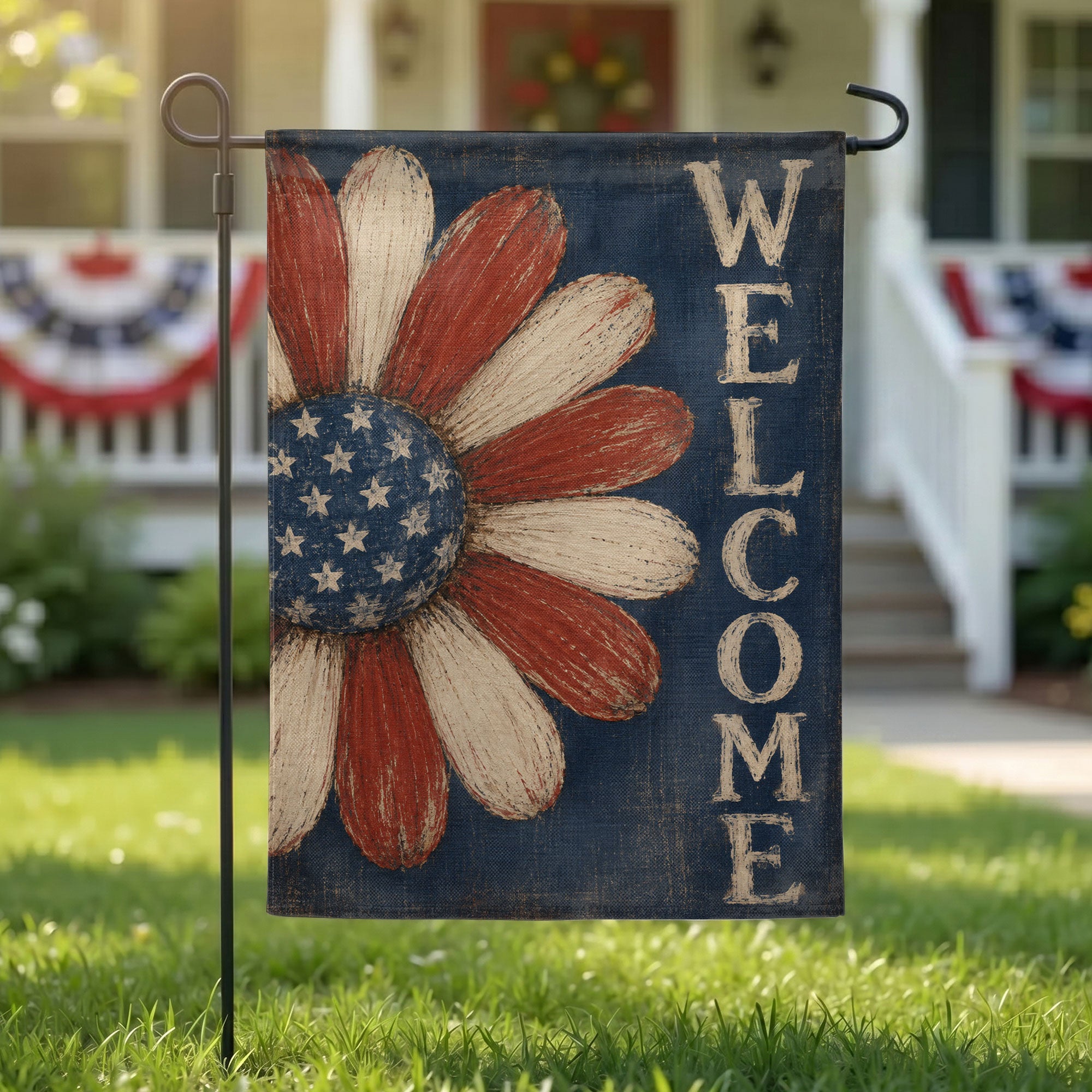 Floral Welcome Daisy Flag - Patriotic 4th of July Garden Flag - Yard Sign for Outdoor Independence Day Decorations