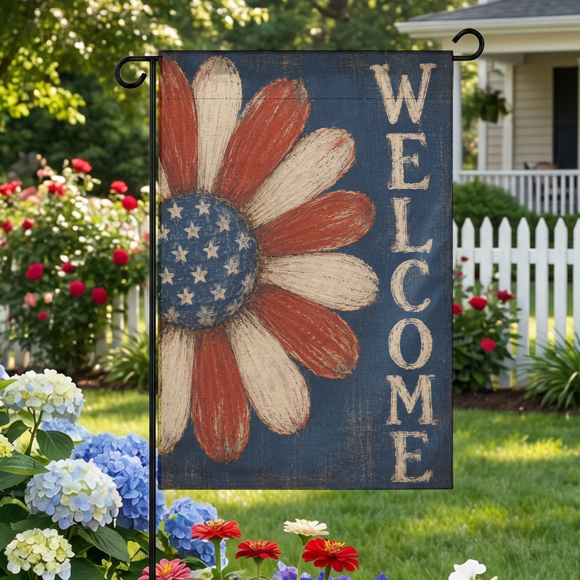 Floral Welcome Daisy Flag - Patriotic 4th of July Garden Flag - Yard Sign for Outdoor Independence Day Decorations
