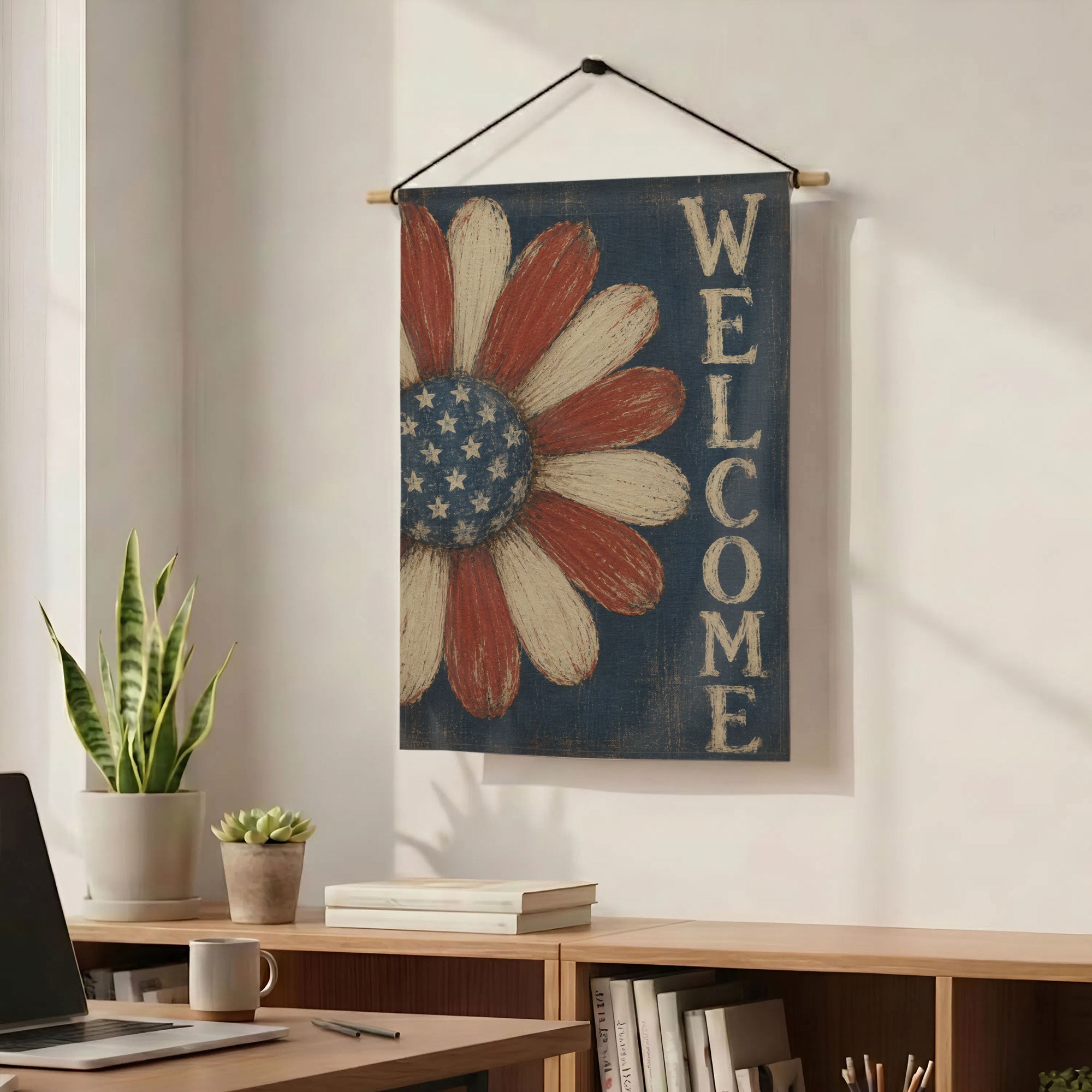 Floral Welcome Daisy Flag - Patriotic 4th of July Garden Flag - Yard Sign for Outdoor Independence Day Decorations