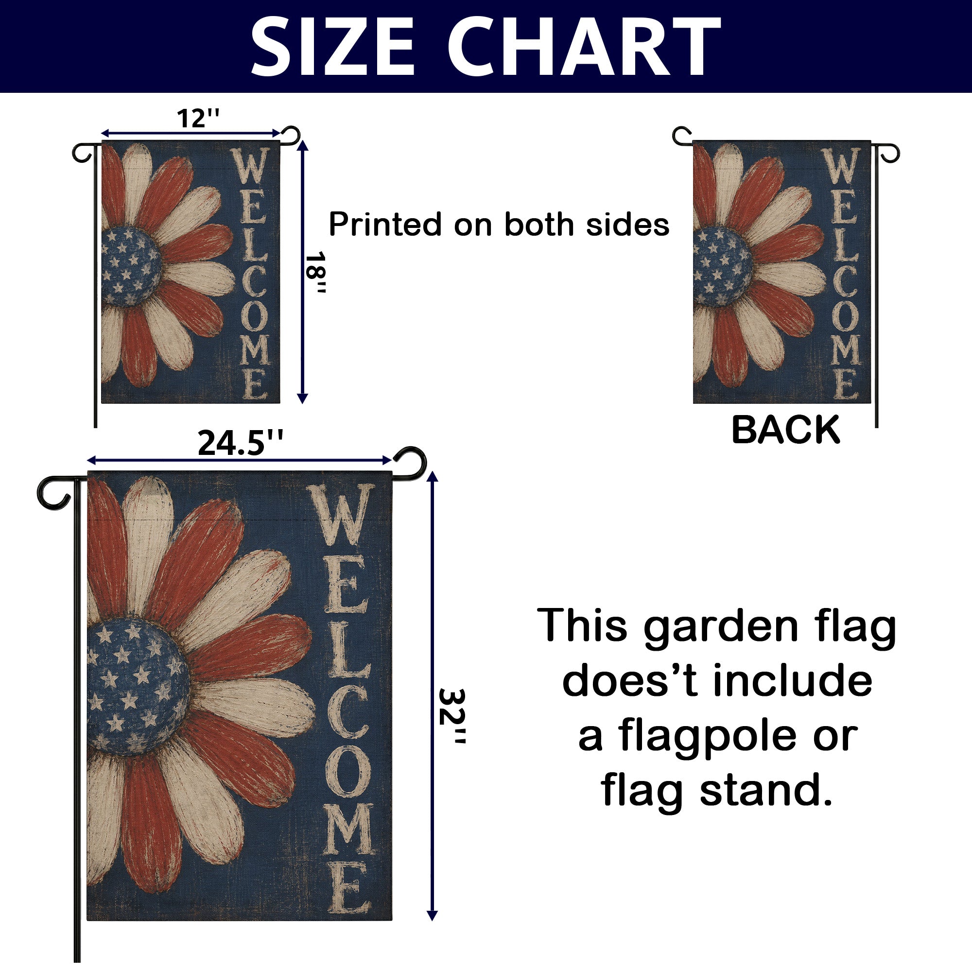 Floral Welcome Daisy Flag - Patriotic 4th of July Garden Flag - Yard Sign for Outdoor Independence Day Decorations
