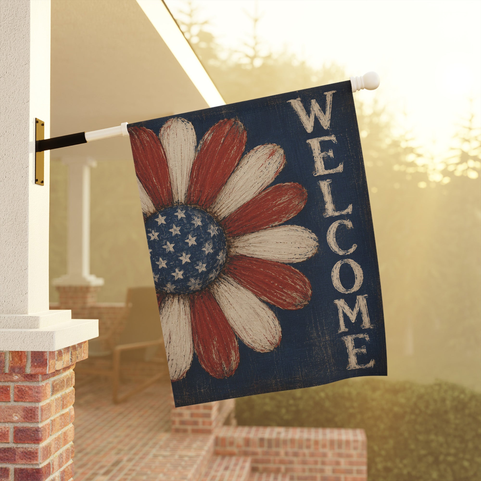 Floral Welcome Daisy Flag - Patriotic 4th of July Garden Flag - Yard Sign for Outdoor Independence Day Decorations