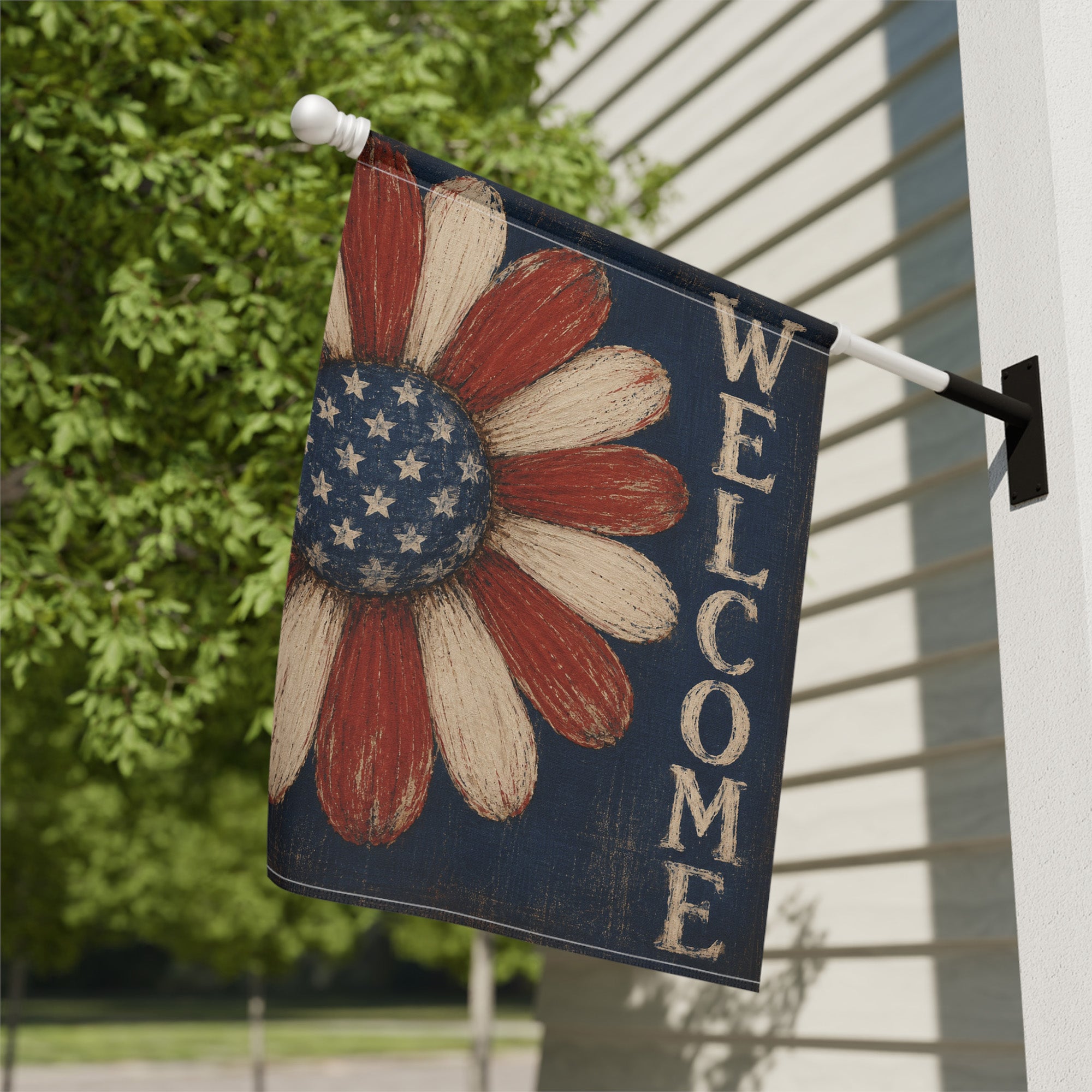 Floral Welcome Daisy Flag - Patriotic 4th of July Garden Flag - Yard Sign for Outdoor Independence Day Decorations