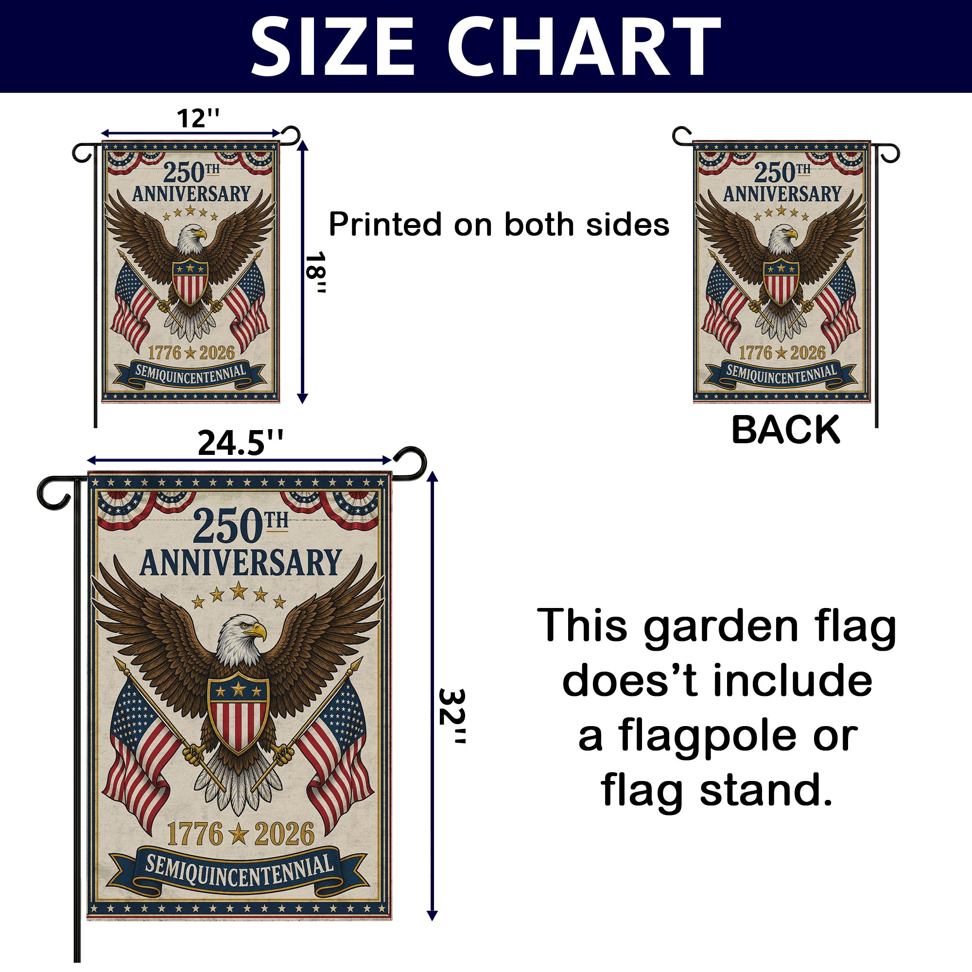 250th Anniversary With Eagle Garden Flag - 1776 2026 America Patriotic Flag - Outdoor Independence Day Decorations
