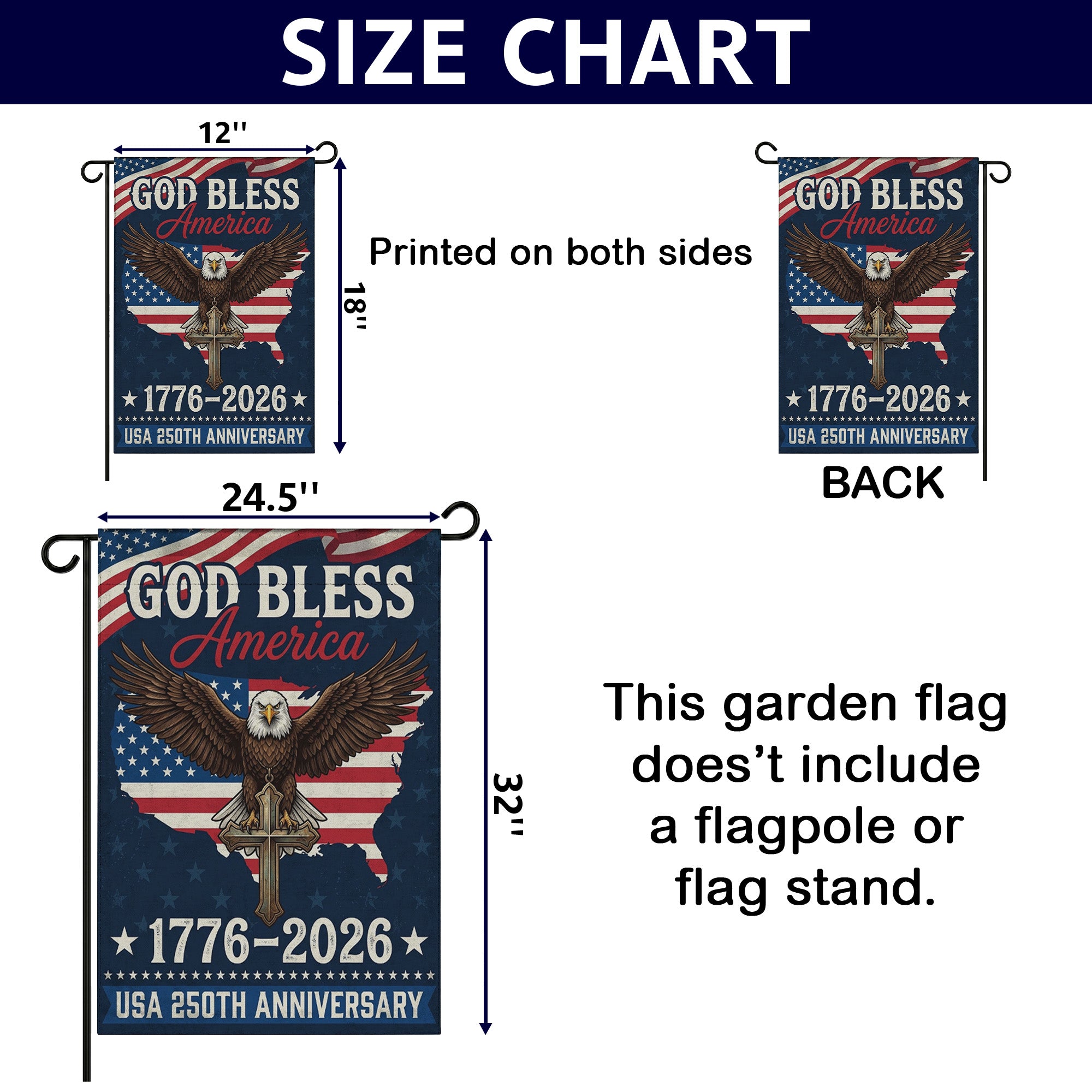 God Bless America Flag - 250th Anniversary Patriotic Garden Flag - Outdoor Independence Day Decorations