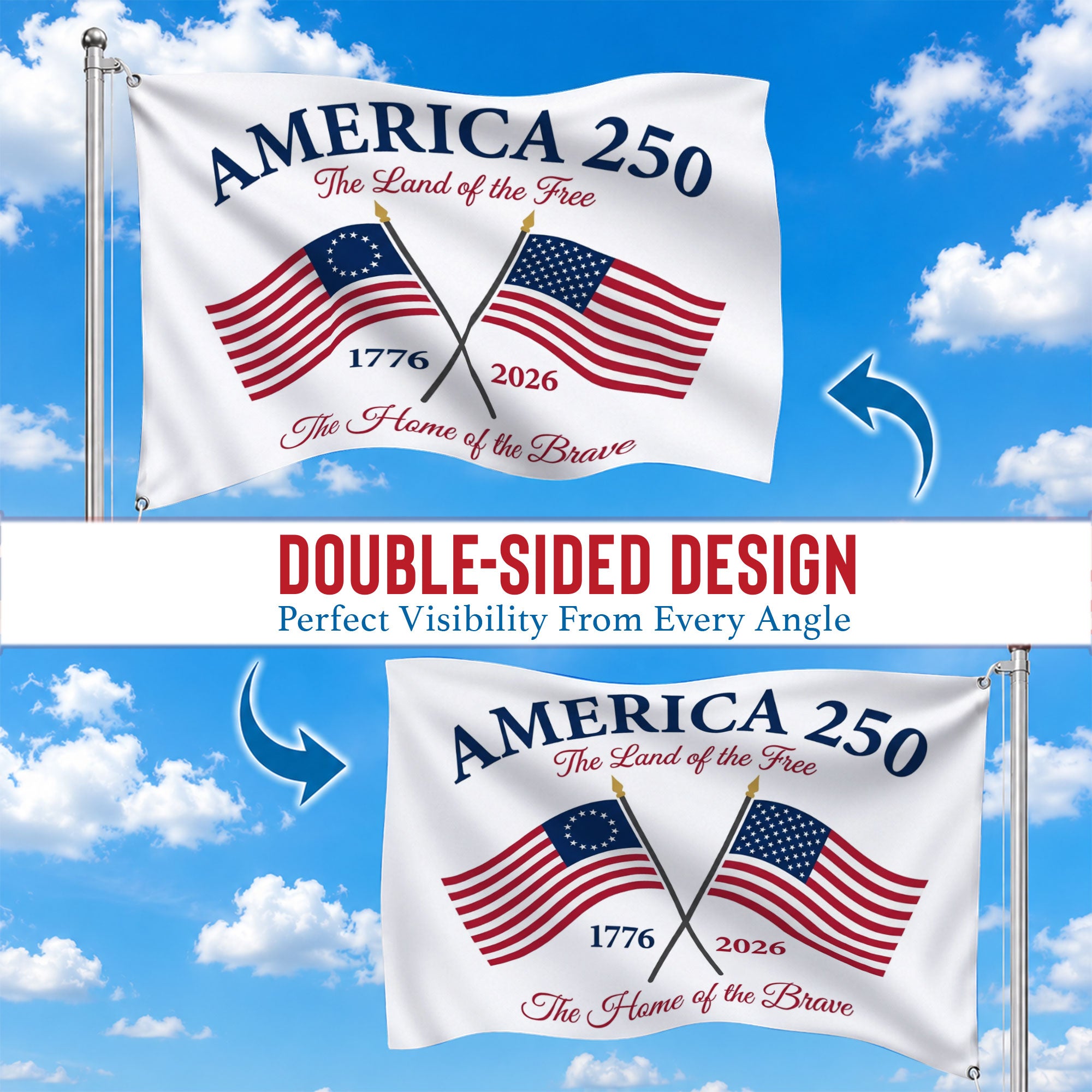 American 250 Years The Land of the Free Premium Flag - Patriotic Grommet Flag - 4th of July Decorations Double Sided