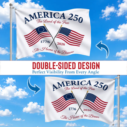 America 250th Land of the Free Crossed Flags House Flag - Patriotic Outdoor Decor