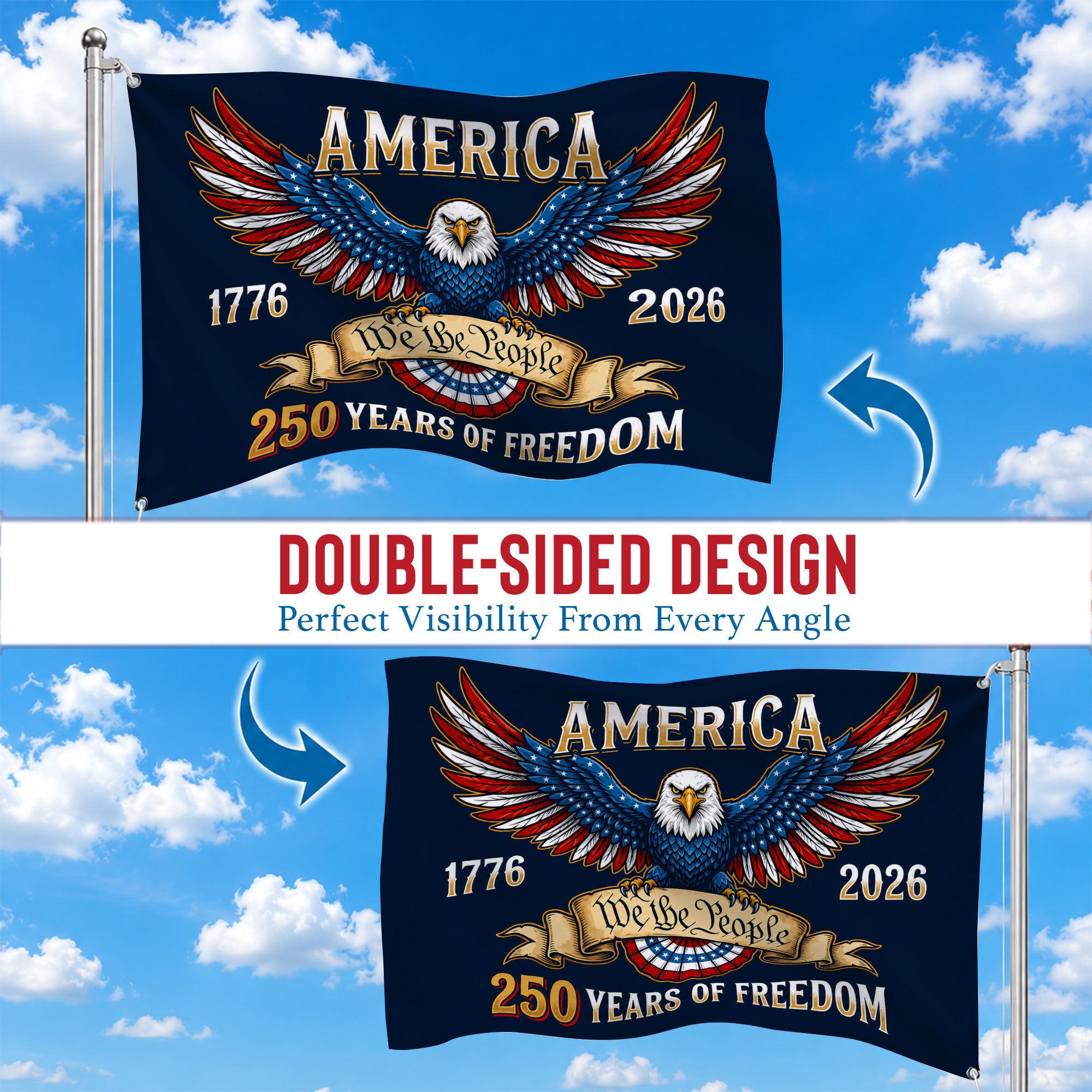 American 250 Years Of Freedom 1776 2026 Premium Flag - Patriotic Grommet Flag - 4th of July Decorations Double Sided