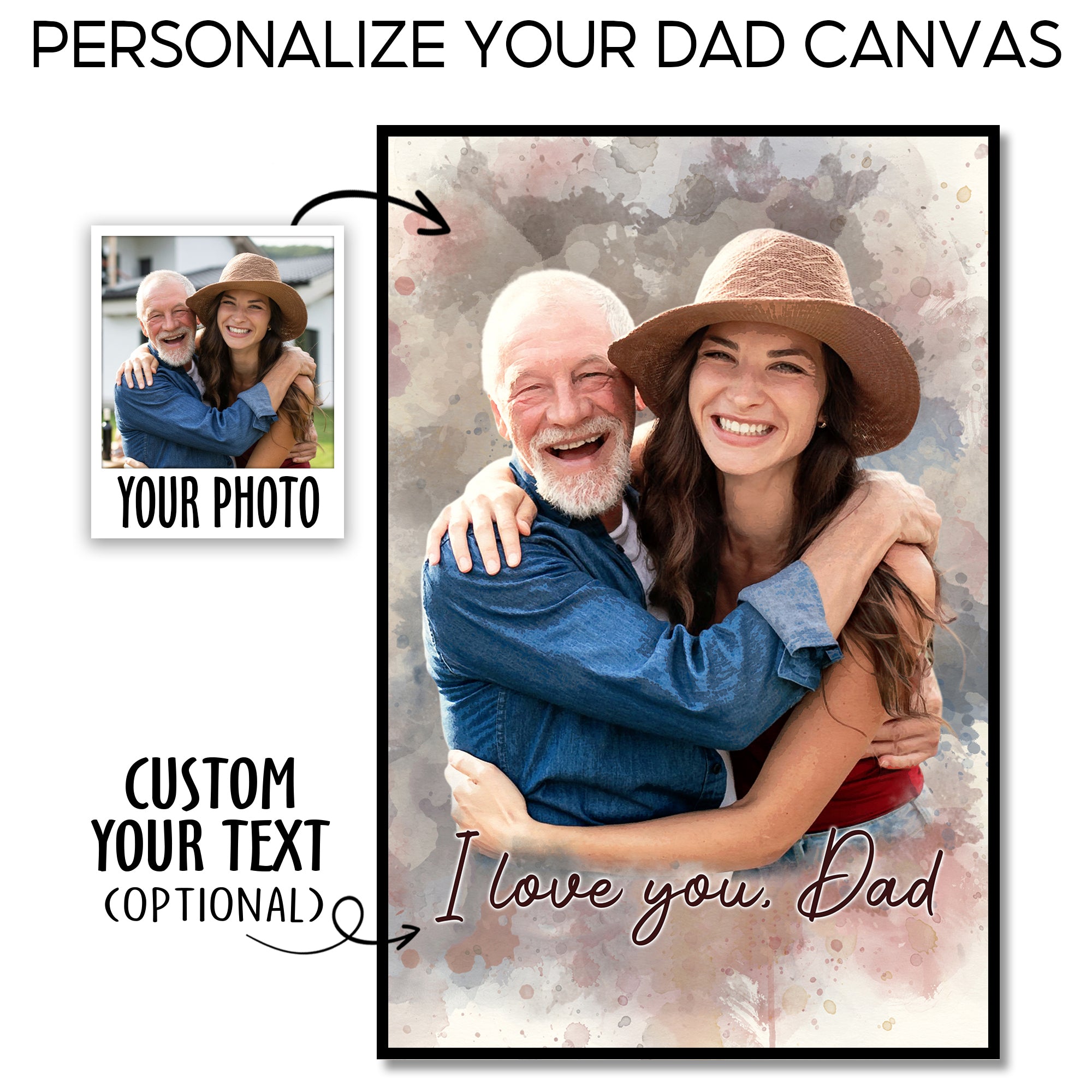I Love You, Dad  - Custom Dad Portrait Canvas from Photo - Personalized Watercolor Artwork - Father's Day Gift for Dad, Grandpa