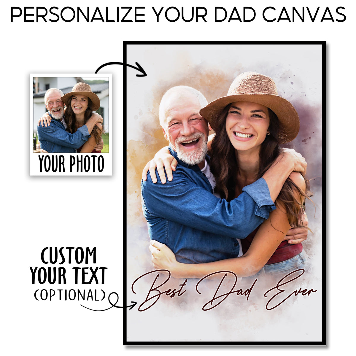 Best Dad Ever - Custom Dad Canvas from Photo - Personalized Watercolor Portrait - Meaningful Father’s Day Gift