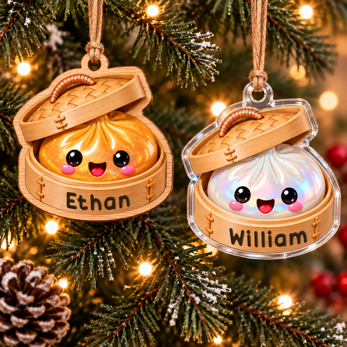 Personalized Name Christmas Ornament - Custom Wood or Acrylic Ornament - Glitter Dumpling in Bamboo Steamer
