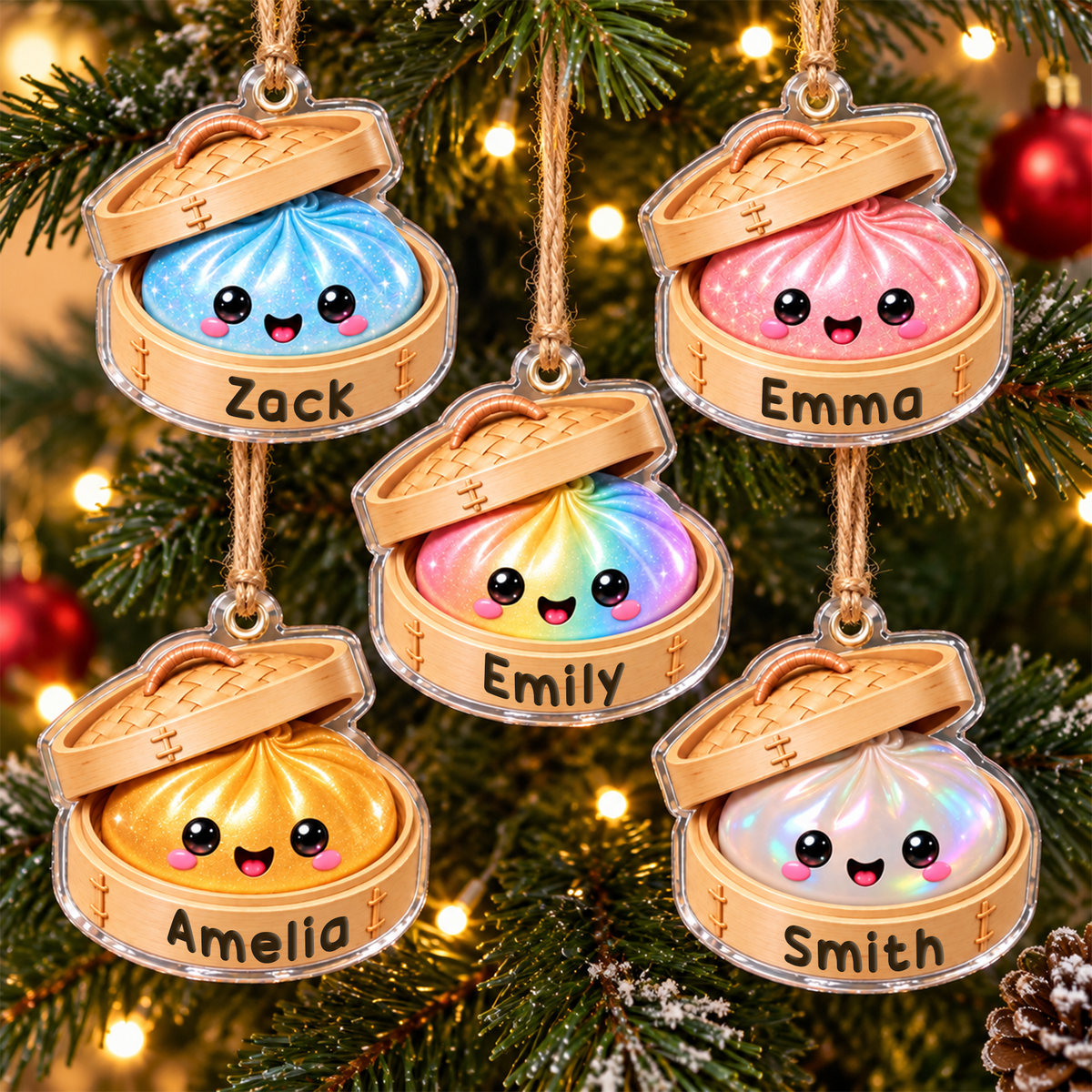 Personalized Name Christmas Ornament - Custom Wood or Acrylic Ornament - Glitter Dumpling in Bamboo Steamer