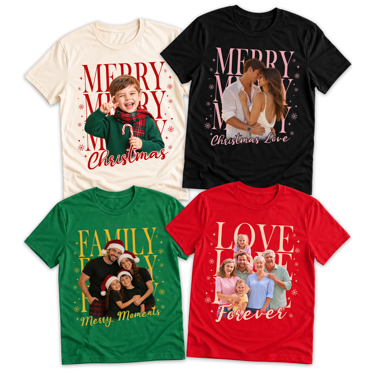 Custom Photo Matching Family Christmas Shirts with Merry Merry Text - Personalized Photo Shirt