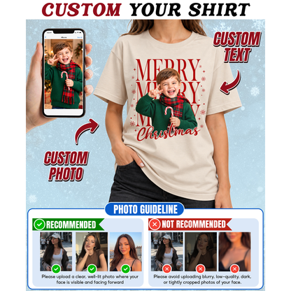 Custom Photo Matching Family Christmas Shirts with Merry Merry Text - Personalized Photo Shirt