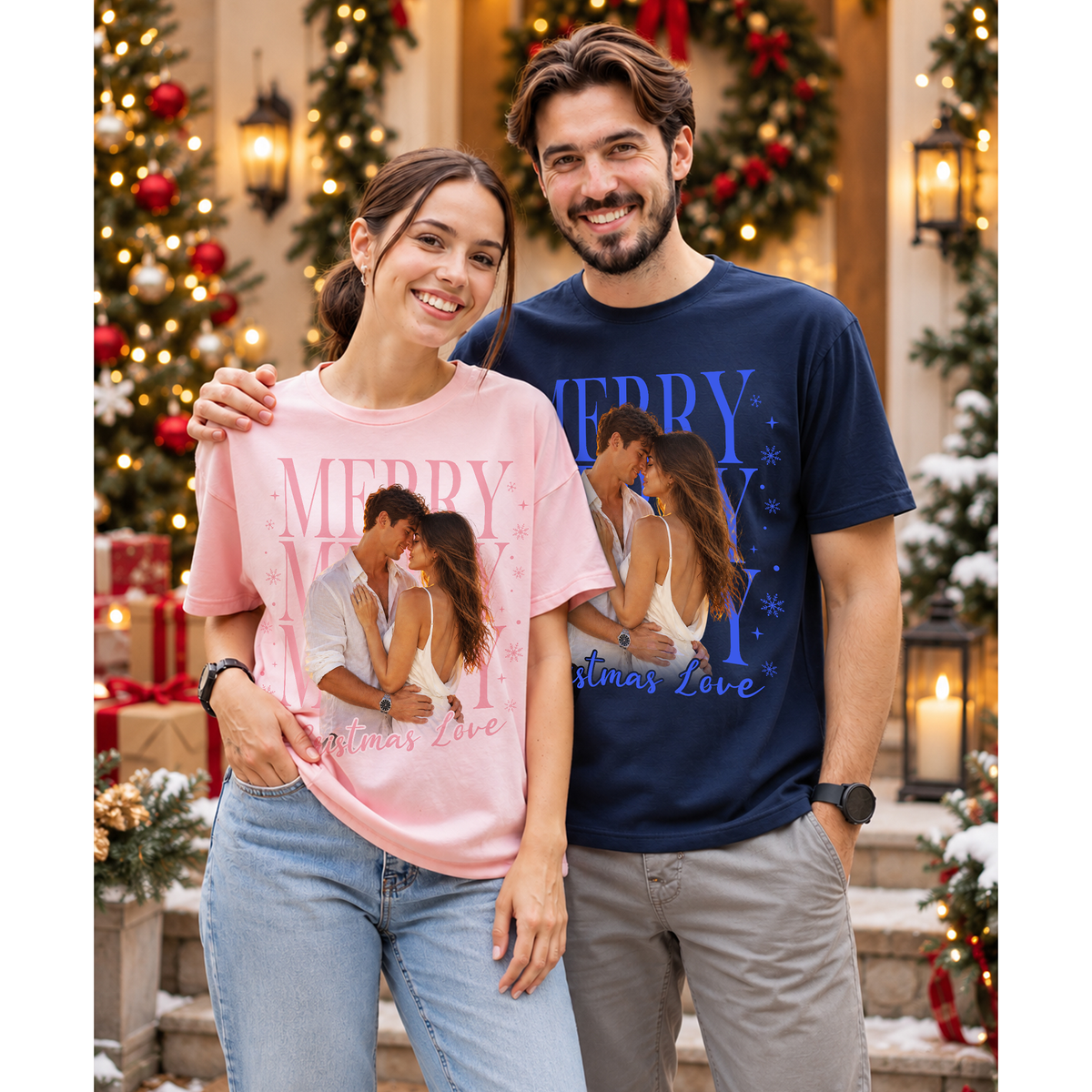 Custom Photo Matching Family Christmas Shirts with Merry Merry Text - Personalized Photo Shirt