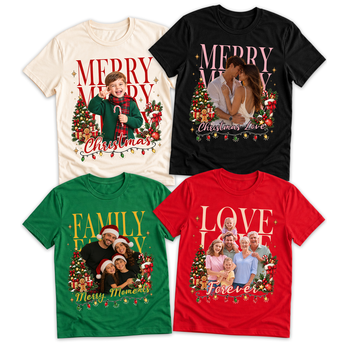 Custom Photo Matching Family Christmas Shirts with Tree Lights Frame - Personalized Photo Shirt